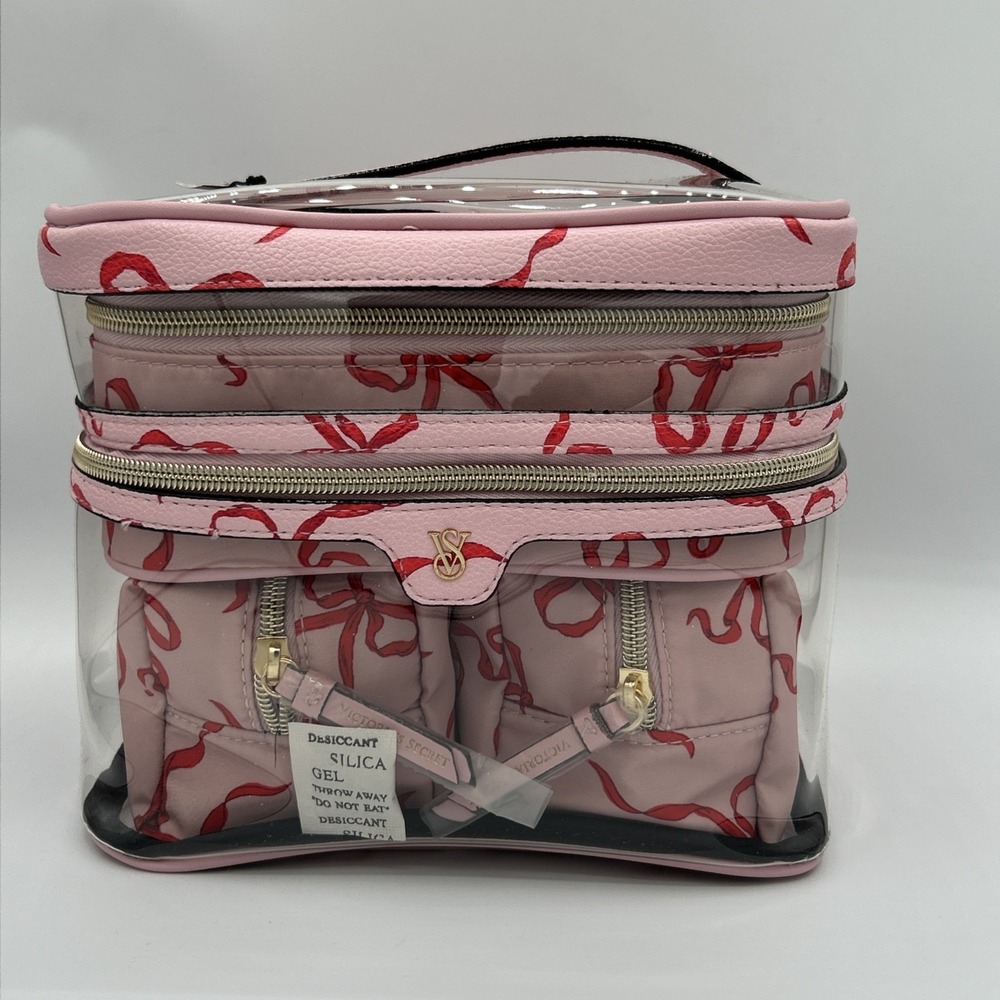 Victoria's Secret Makeup Bag 4 Pcs Pink Red Bows Train Case New With Tags